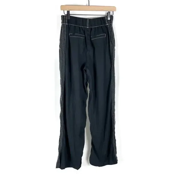 Jonathan Simkhai Tavar Linen Pants Black‎ Contrast Stitch High Rise Wide Leg XL